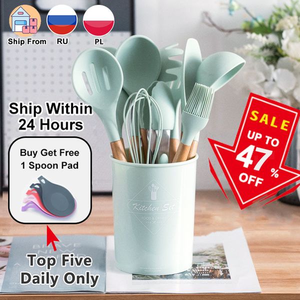 

silicone utensils non-stick spatula shovel wooden handle cooking tools set with storage box kitchen tool accessories q1215 q1218