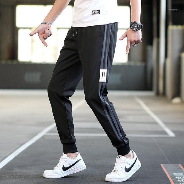 

black men's pants two bars print sports pants for homme breathable casual thin loose pencil beam feet men summer 4xl1
