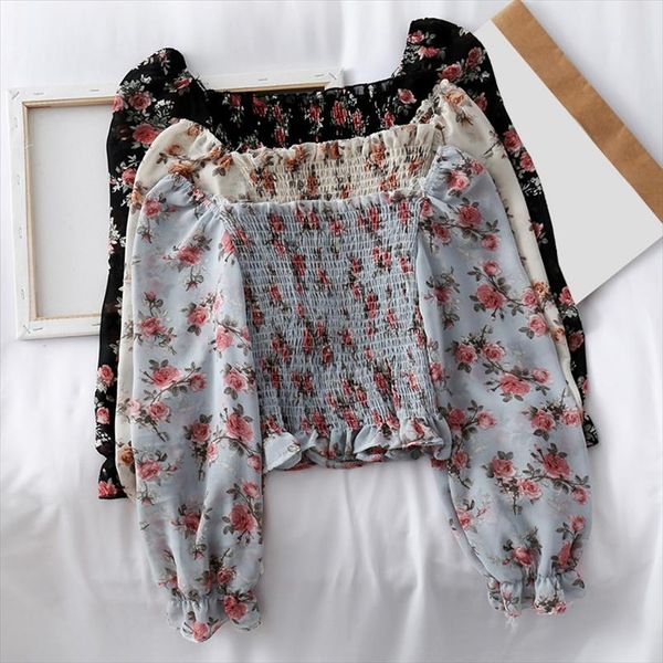 

women long sleeve print chiffon blouses ladies casual ruffles lantern sleeve square collar fashion shirts blusas mujer, White