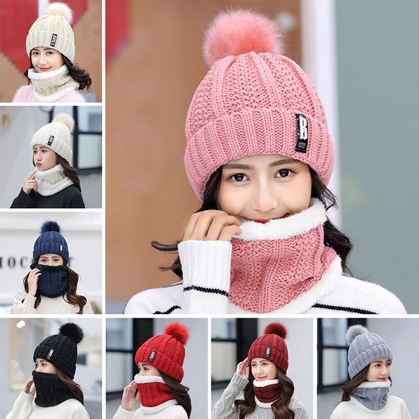 

cozy hedging hat plus velvet thickening warm knitted hats korean fashion slouchy loose women knitted hat add bib scarf set yl0176