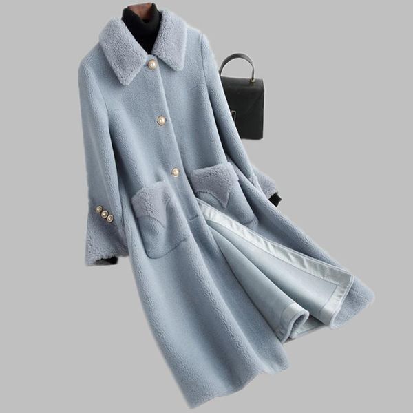 

women's fur & faux real coat women winter 2021 parka jacket sheep shearing 100% wool female one piece of outerwear, Black