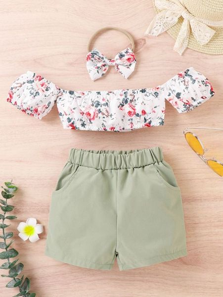 

baby floral print off shoulder & shorts & headband she, White