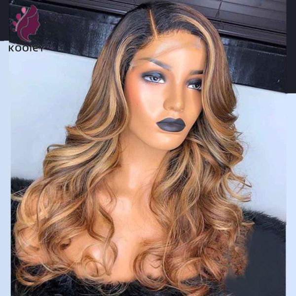 

right part brown blonde highlight body wave human hair wigs with baby hair for women brazilian remy colored 13x4 lace front wig, Black;brown