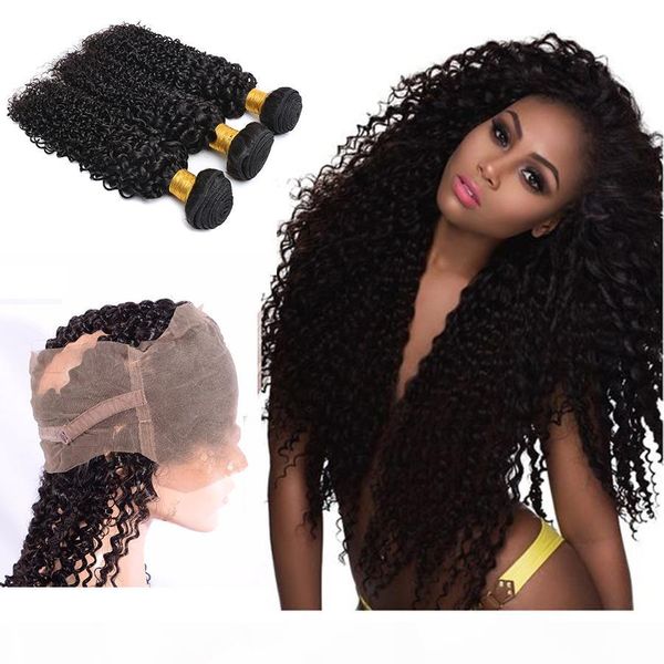 

360 lace frontal closure with 3 bundles brazilian wave kinky curly virgin hair with closure wet and wavy curly 360 lace frontal black, Black;brown