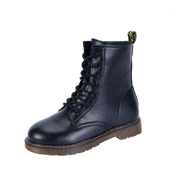 

female winter shoes for boots spring and autumn wild women's thick-soled mid-calf wear-resistant lace-up leather1, Black