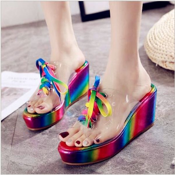 

color lace beautiful and fashionable slope heel slippers 35-40 size, Black