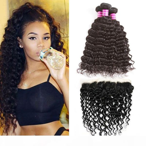 

unprocessed brazilian virgin human hair deep wave 3 bundles with lace frontal hair extensions peruvian indian malaysian weave bundles wefts, Black;brown