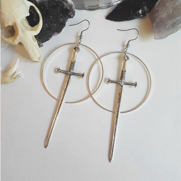 

gothic swords metal hoop earrings witchy warior pagan vikin aternative medieval classic tarot cards gift women novelty 2021 new, Silver