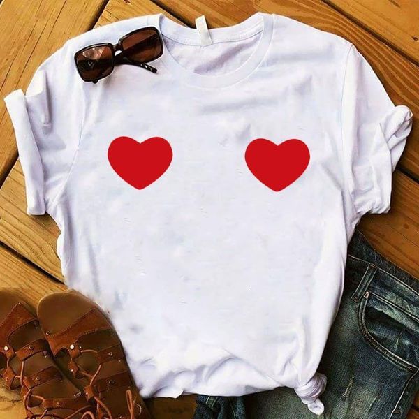 

women lady t shirt two love heart printed tshirt ladies short sleeve loose tee shirt women female clothes graphic t-shirt, White