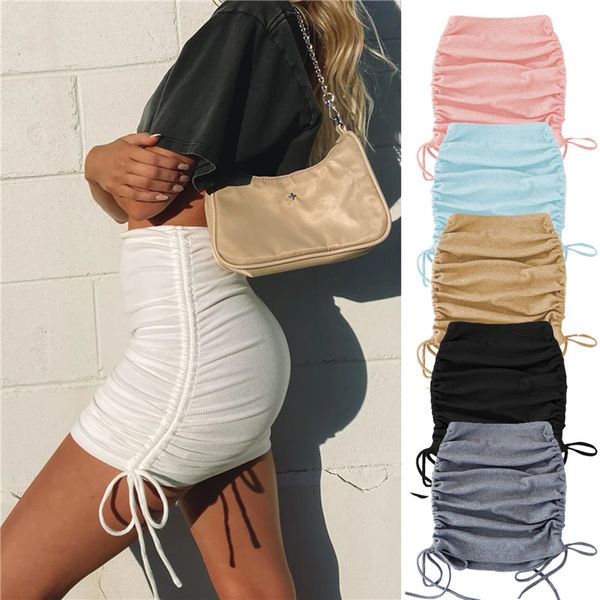 

all seasons drawstring pleated skirt rib knit mini short skirts butt-hugging stretch bodycon dresses fashion party club bar clothes ly120703, White