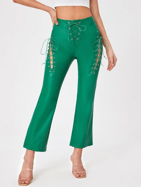 

grommet lace up pu leather pants z5e9#, Black;white