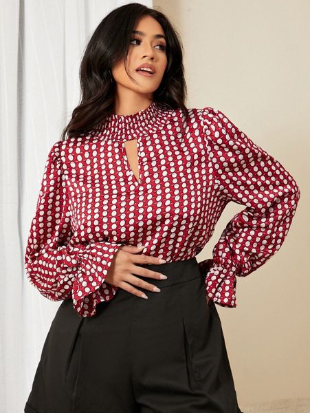 

plus polka dot print shirred mock neck cut-out d669#, Black