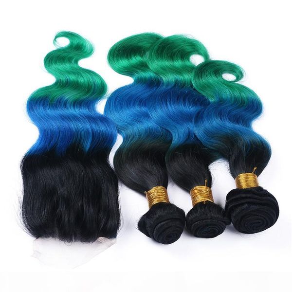 

#1b blue green dark root ombre human hair 3 bundles deals with 4x4 lace closure body wave virgin malaysian human hair weaves extensions, Black;brown