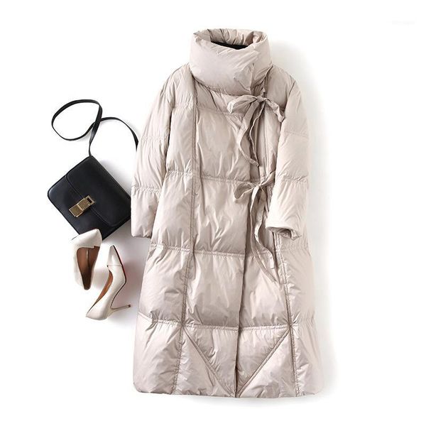 

oversized long women white duck down jacket coat stand collar thick parkas female winter coat lace up padded parkas jacket femme1, Black