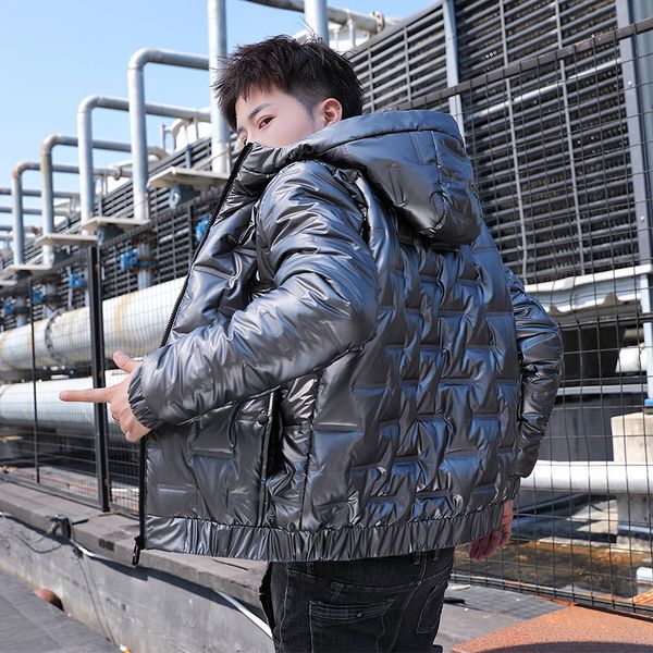

men's bright leather winter spirit young man korean fashion down cotton padded clothes slim handsome, Black
