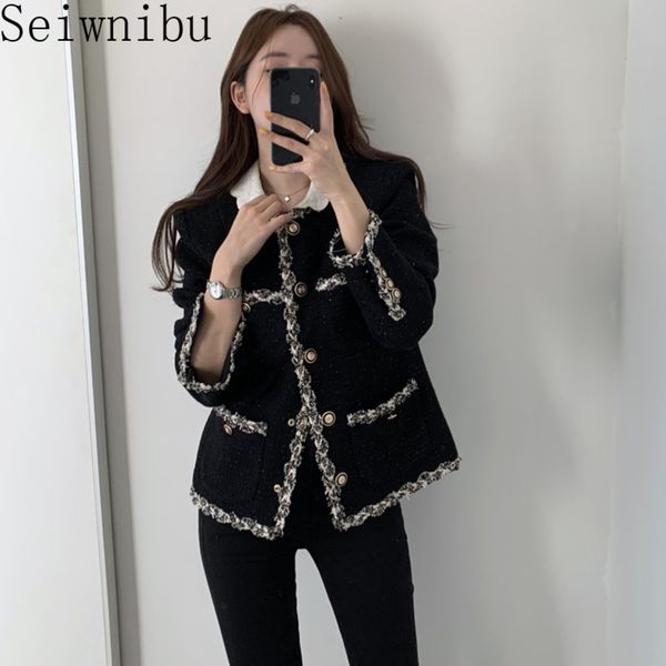 

single-breasted loose pocket women's jacket korea elegant retro turn-down collar trim design long-sleeved tweed female jackets, Black