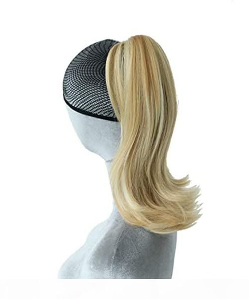 

14" two tone natural wavy hairpieces for women hair ponytail clip in extension ombre blonde curly human hair pony tail, Black