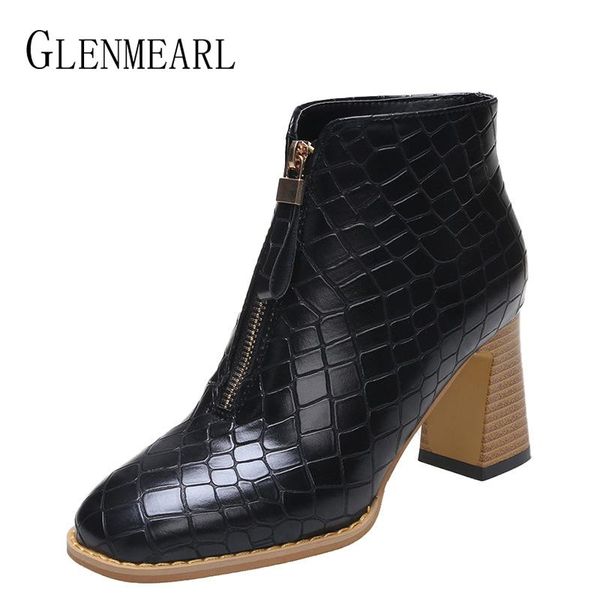 

women leather boots winter thick heel short ankle boots zipper fashion autumn female square toe shoes popular footwear shoes, Black