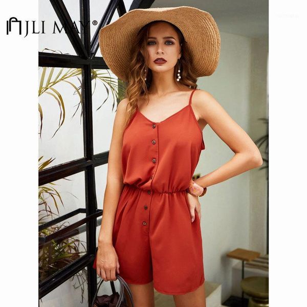 

jli may women playsuits cotton casual solid v-neck single breasted spaghetti strap backless summer straight jumpsuits1, Black;white
