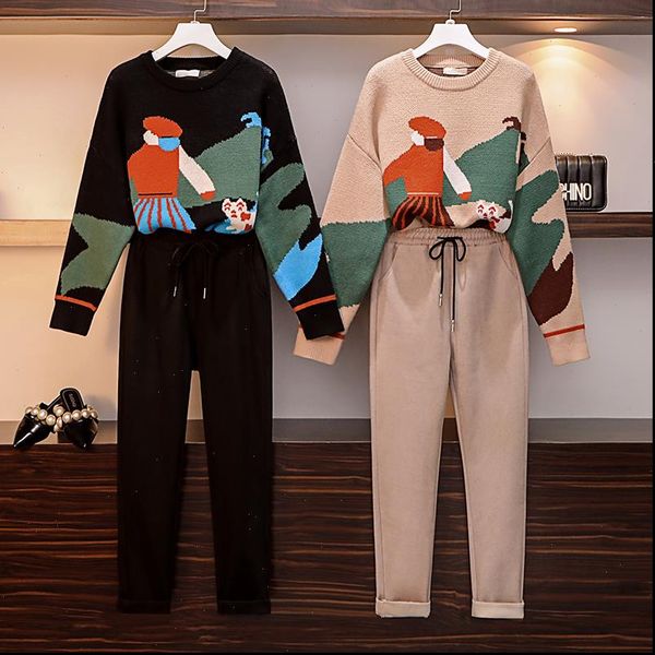 

plus size sweater suits 2021 fall winter new knitted pattern loose sweater and woolen casual trousers two piece set women, Gray