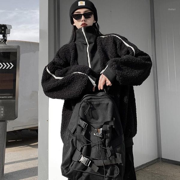 

gothic hoodie winter autumn fashion hipster designer creative loose thick warm zipper lambswool splicing long sleeve1, Black