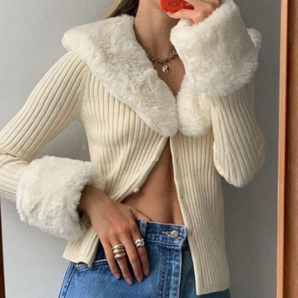 

women knitted coat ladies solid fur collar buttons cardigan slim warm sweaters fashion casual outwear winter autumn clothes, White
