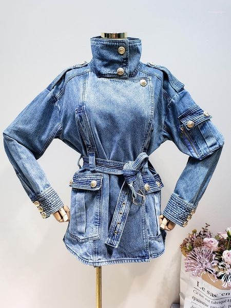 

new arrival women denim jacket long sleeve gold button with belt vintage female beveled single breasted denim coat1, Black;brown