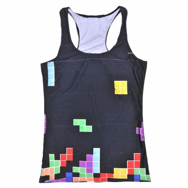 

summer womens blouses strapless sleeveless digital print casual color tetris games tank ladies vest, White