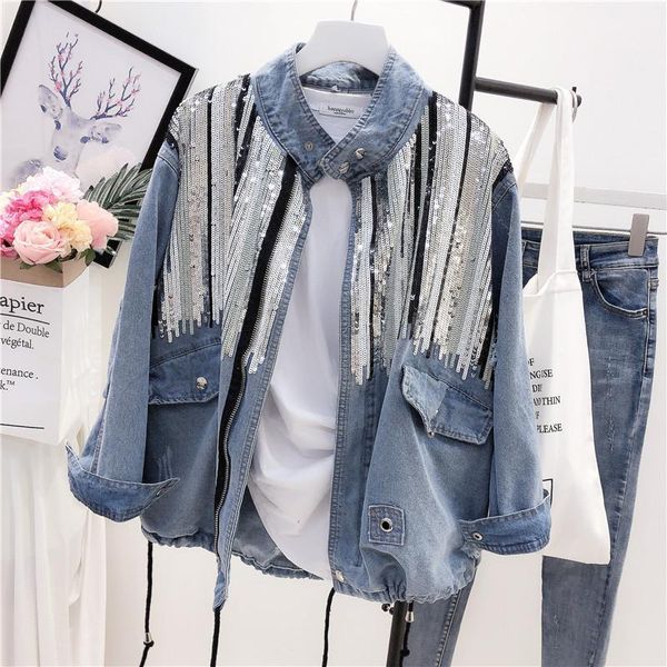 

2018 sequins denim jacket women bomber jacket fashion long sleeves coats vintage hippie jeans colete feminino b4891, Black;brown