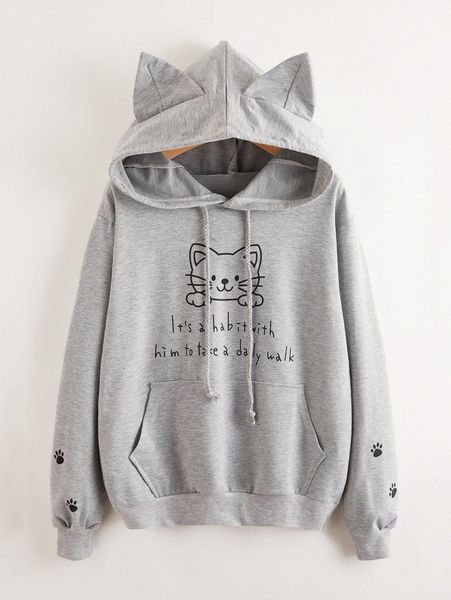 

cat & slogan graphic kangaroo pocket hoodie 84k8#, White;black