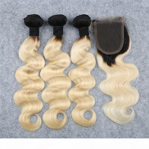 

1b 613 blonde ombre brazilian hair weaves with closure 4pcs lot brazilian two tone 3bundles human hair with body wave 4x4 lace closure, Black