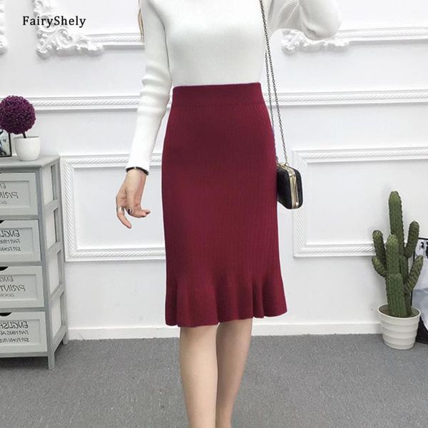 

fairyshely korean knitted ruffle skirts women 2020 autumn winter casual winter warm midi skirt ladies korean slim office skirts1, Black
