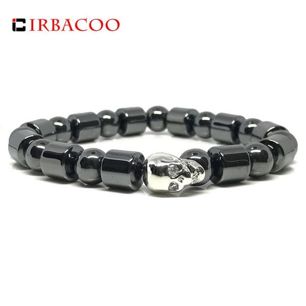 

charm bracelets irbacoo 2021 trendy men's bracelet silver-color skeleton with round,column hematite stone for men jewelry, Golden;silver