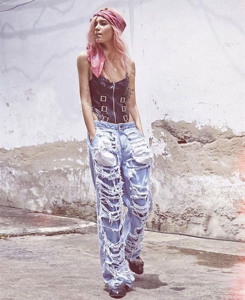 

boyfriend hole destroyed ripped pockets jeans button women cool vintage straight wide leg pants1, Blue