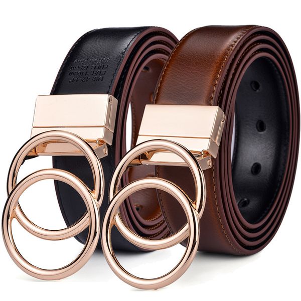 

beltox women reversible leather belt 2 in 1 rotated 2 rings gold buckle 3.4cm wide 201117, Black;brown