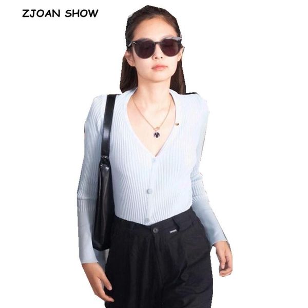 

autumn korea style vintage stripe line cardigan jennie skyblue v neck single-breasted button sweater short slim jumper, White