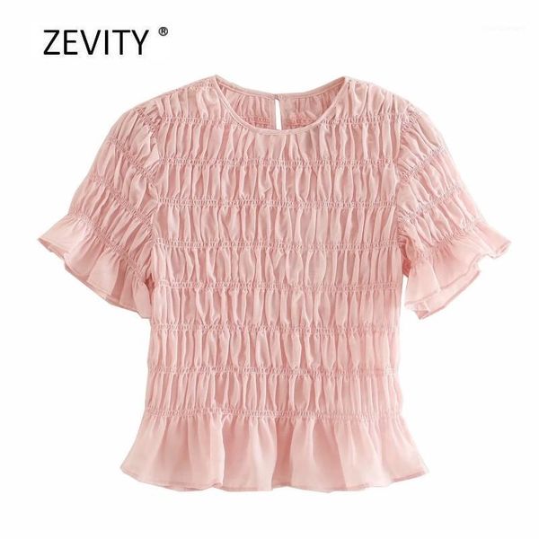 

zevity women sweet candy color round collar elastic slim smock blouse female ruffles short sleeve shirts chic blusas ls68921, White