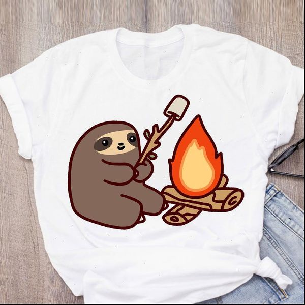 

women sloth camper fire cute cartoon short sleeve summer lady t shirt womens clothing tees female t shirt, White