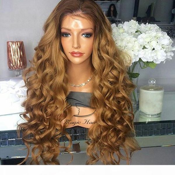 

180 density two tone lace front human hair wigs with baby hair remy ombre brown honey blonde curly wig for women, Black;brown