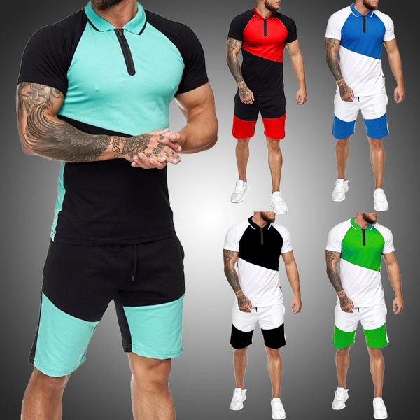 

men fashion clothing summer tracksuit sports wear male sets shorts set men irregular stitching sweat suits jogging short sleeve lj201126, Gray