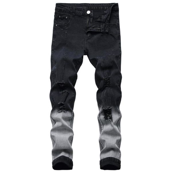 

men's jeans color hole patch begging pants slim feet denim european and american high street men tide brand fight group, Blue