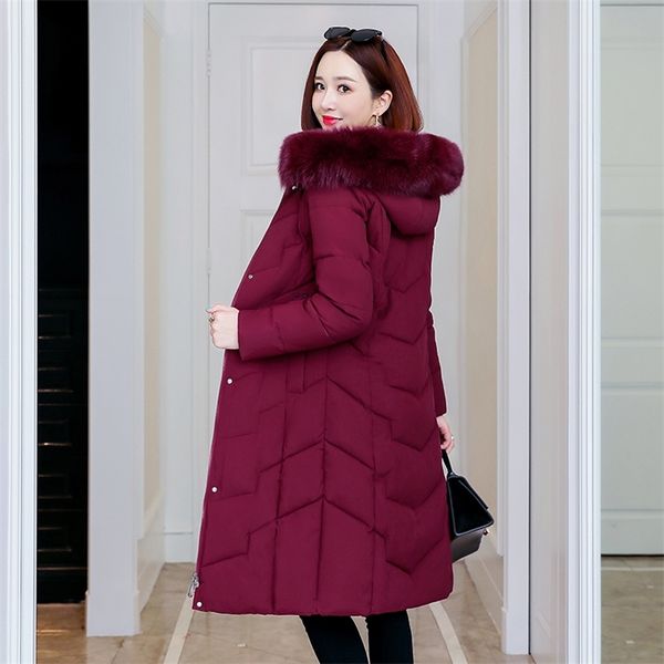 

women's jackets for winter office ladies slim hooded long parkas woman solid plus size with fur collar thick female coat outwear 201214, Black