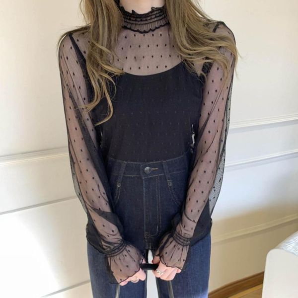 

women's blouses & shirts elegant slim women autumn long sleeve mock neck lace sheer dots print blouse t-shirt see through solid, White