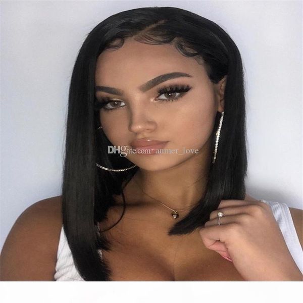 

brazilian human hair silk base lace front short bob wigs for black women silky straight silk glueless full lace wigs, Black;brown