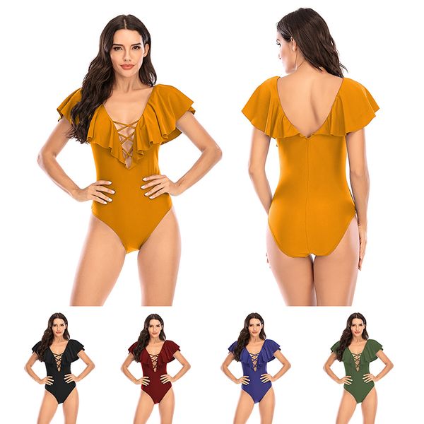 

new swimwear ruffled v-neck solid color high waist tight-fitting one-piece swimsuit european and american backless strappy swimsuit