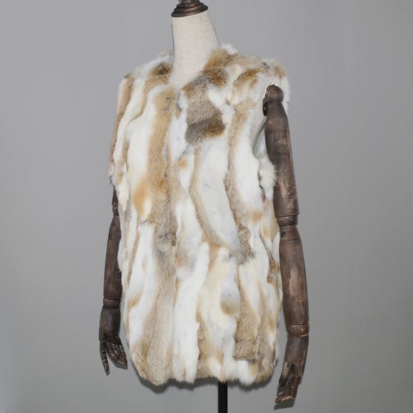 

genuine female winter long fashion 100% real gilet 2020 rabbit skin vest, Black