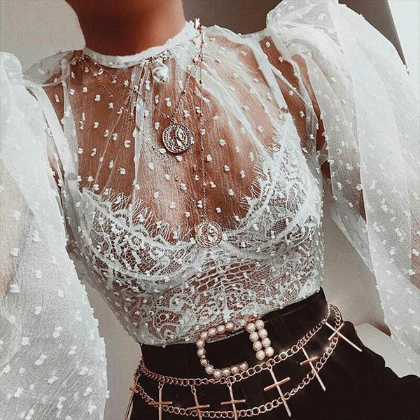 

fashion ladies women see through mesh shirts dot printed puff long sleeve sheer o neck blouse clubwear summer, White