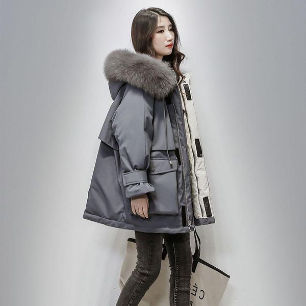 

pai overcome women's mid-length european and american new style down padded jacket women's loose padded fur collar jacket, Black