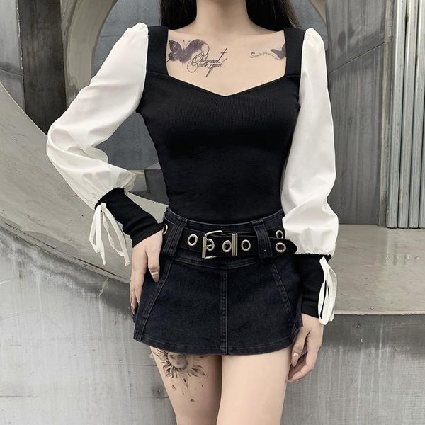 

women's blouses & shirts fashion goth women square-collar blouse 2021 autumn lady contrast color long lantern sleeve drawstring cuff sl, White