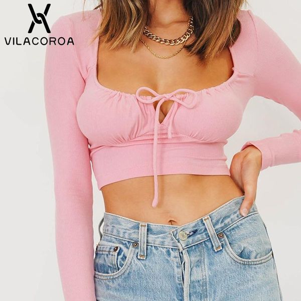 

women's t-shirt pink long sleeve square collar women hollow lace-up draped slim crop high street harajuku female tee-shirt, White